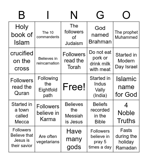 World Religion Bingo Card