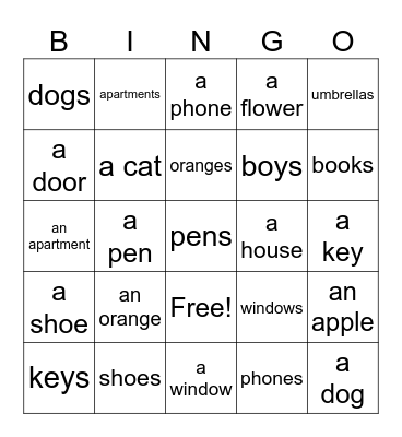 Singular and Plural Nouns Bingo Card