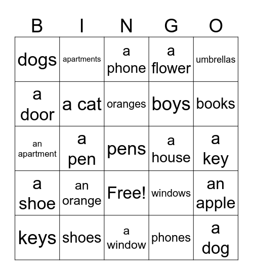 Singular and Plural Nouns Bingo Card