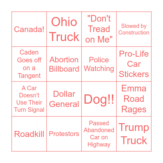 Roadtrip Bingo Card