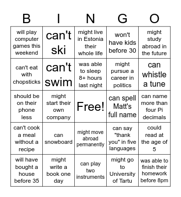 Modal Verbs: Find someone who... Bingo Card