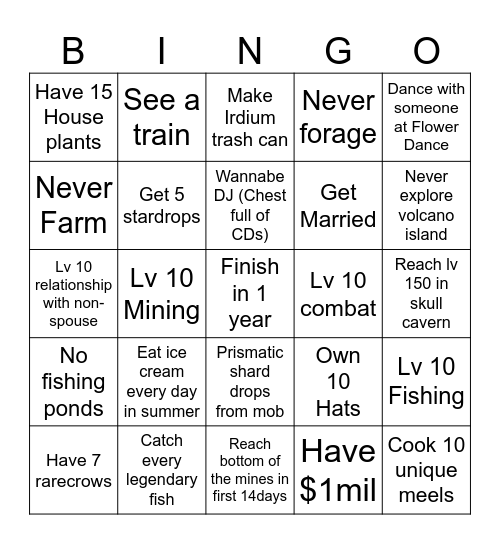 Blackout Stardew Valley Bingo Card