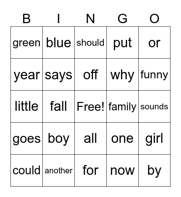 Quarter 1 High Frequency Words Bingo Card