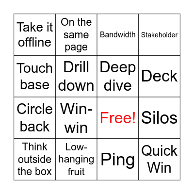 Corporate slang Bingo Card