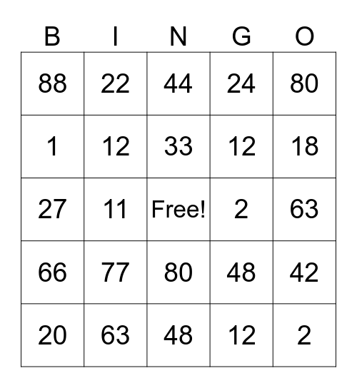 Multiplication & Division Bingo Card