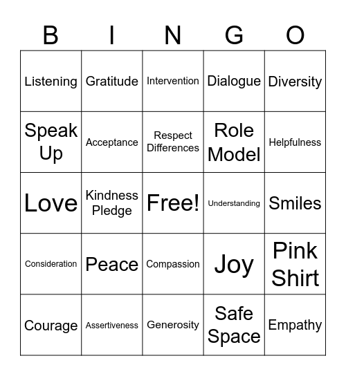 Pink Shirt Day Bingo Card