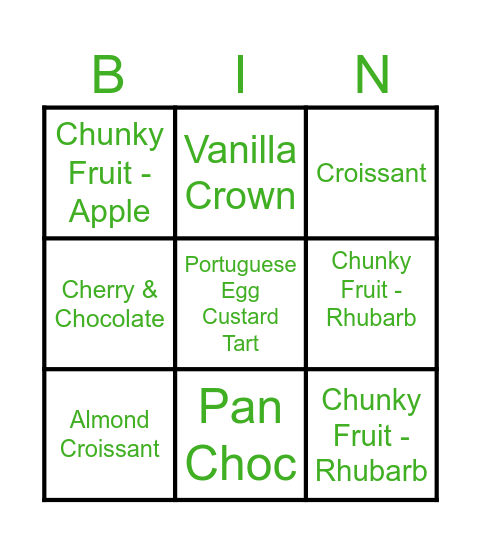 Pastry Bingo Card