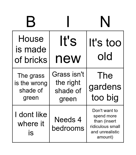 House excuses Bingo Card