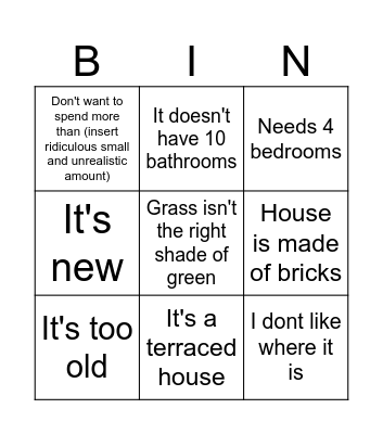 House excuses Bingo Card