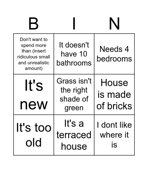 House excuses Bingo Card