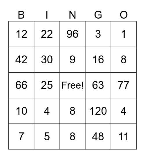 Multiplication & Division Bingo Card