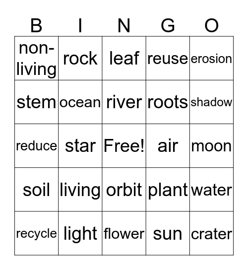 First Grade Science Vocabulary Bingo Card