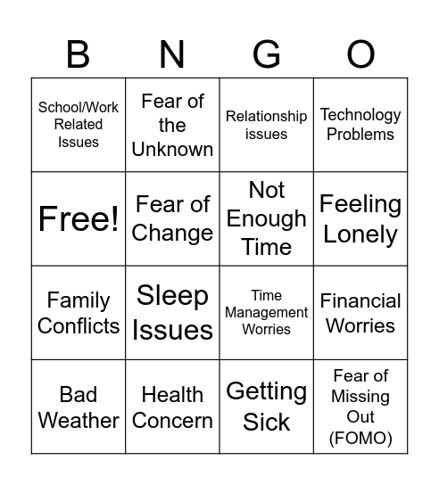 Worry Bingo Card