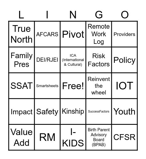 SSAT Lingo Bingo Card