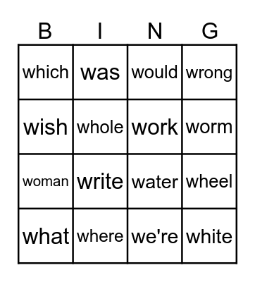 Tricky 'W' Words Bingo Card