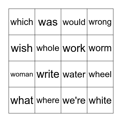 Tricky 'W' Words Bingo Card