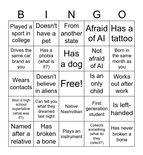 Intern Bingo Card