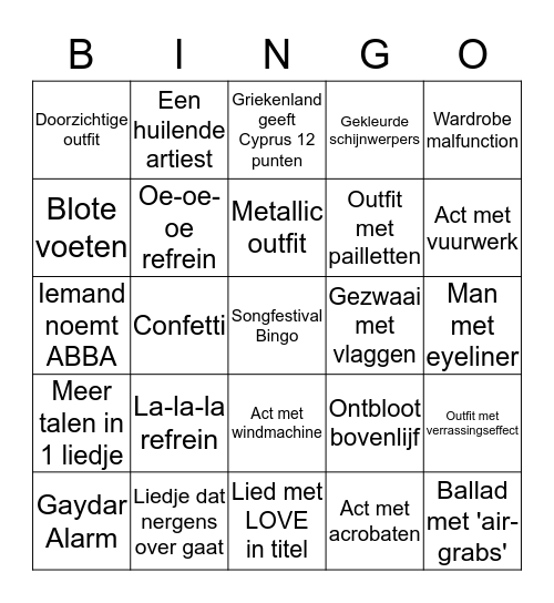 Songfestival Bingo Card