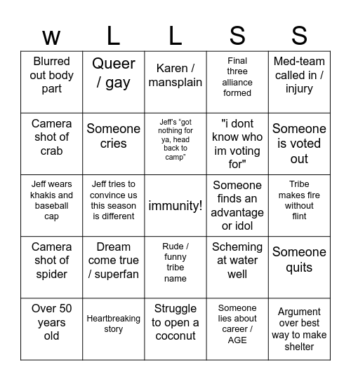 Survivor Premiere Bingo Card