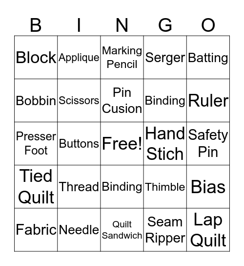 Sewing  Bingo Card