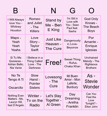 CET's Favorite Love Songs Bingo Card
