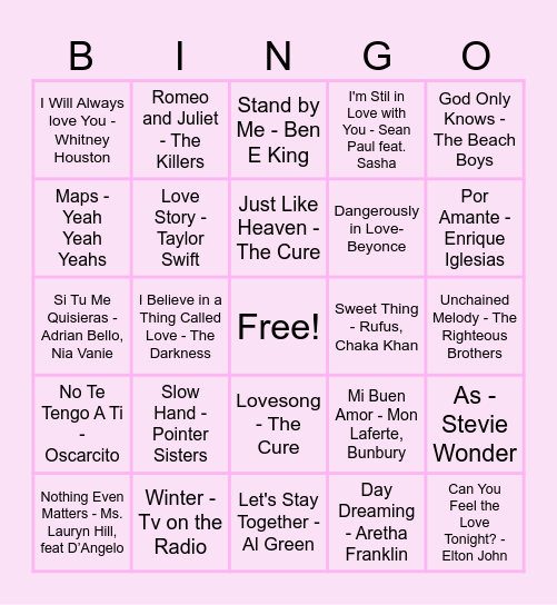 CET's Favorite Love Songs Bingo Card