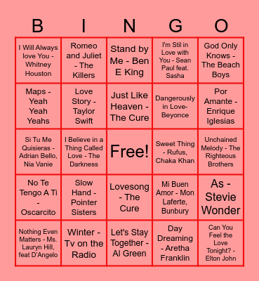 CET's Favorite Love Songs Bingo Card