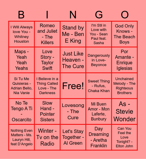 CET's Favorite Love Songs Bingo Card