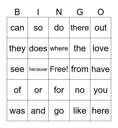 Sight Word Bingo Card