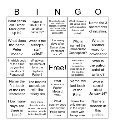 Catholic Confirmation Quiz Bingo Card