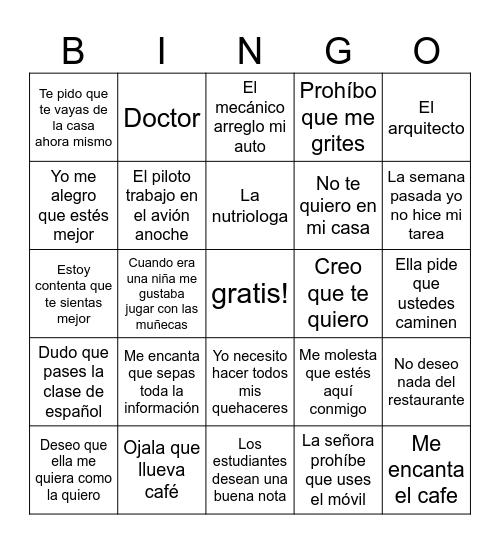 Español 3 - El Subjuntivo y mas Bingo Card