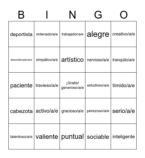 personal descriptions words in Spanish Bingo Card