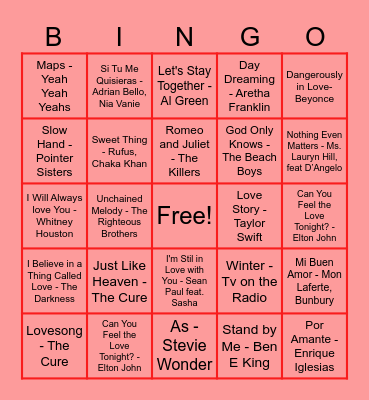 CET Love Song BINGO Card