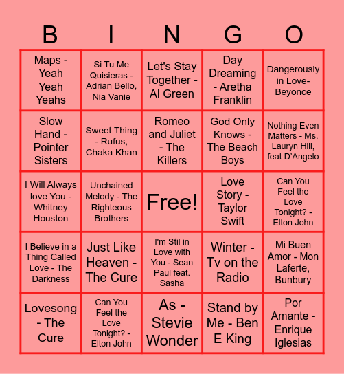 CET Love Song BINGO Card