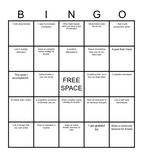 ANXIETY BINGO Card