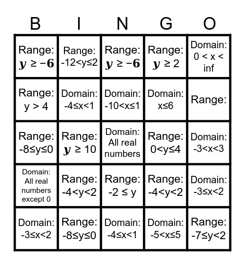 Domain and Range Bingo Card