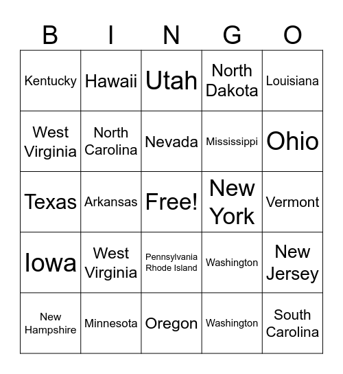 50 States Bingo Card