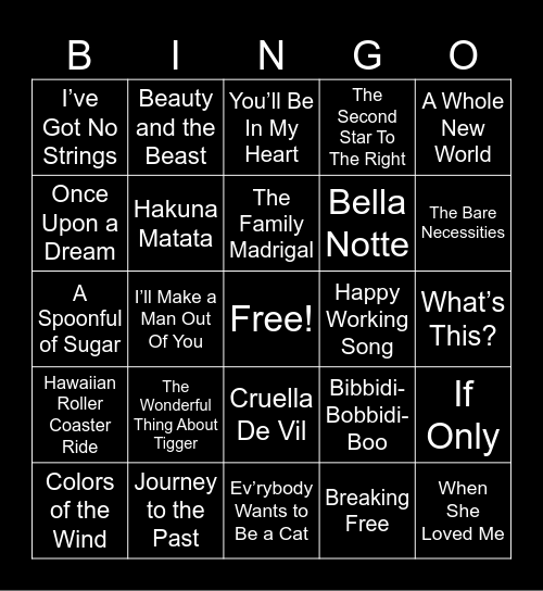 Disney Music Bingo Card