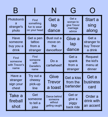 Trevor's Bachelor Party Bingo Card