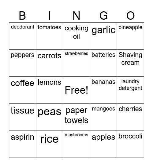 Find someone who has ________ on their shopping list Bingo Card