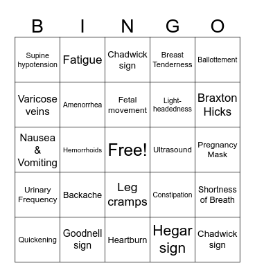 Pregnancy BINGO Card