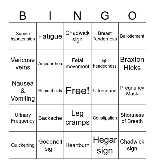 Pregnancy BINGO Card