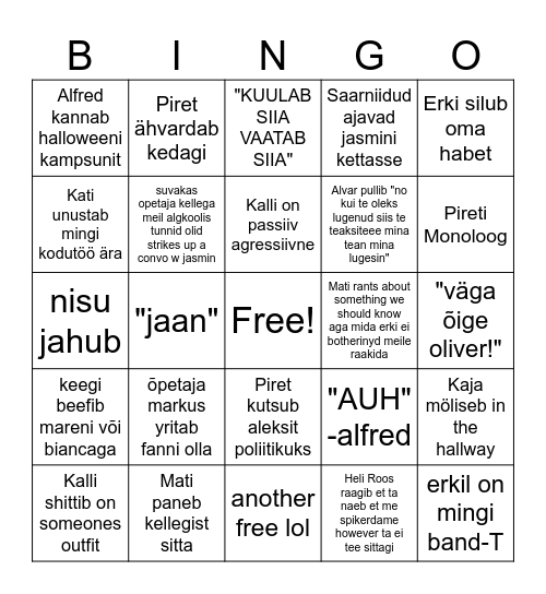 õpetajate behaviour bingo Card