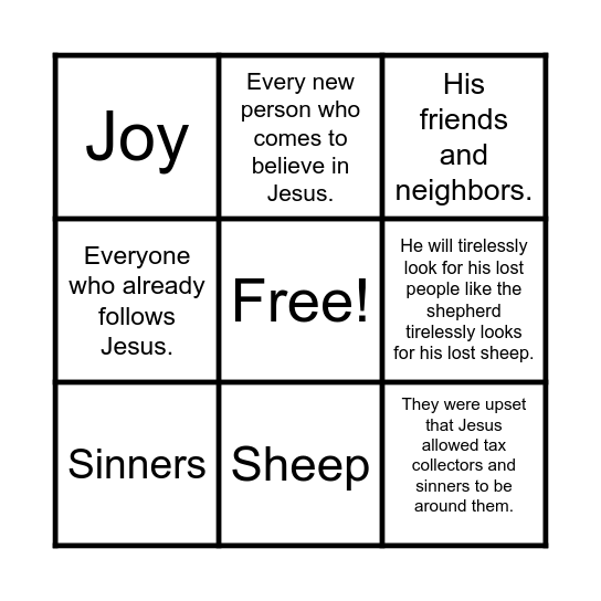 The Lost Sheep Parable Project Bingo Card