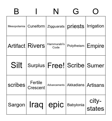 Mesopotamia Bingo Card