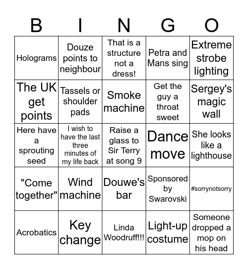 Back's annual Eurovision party 2016 - BINGO Card
