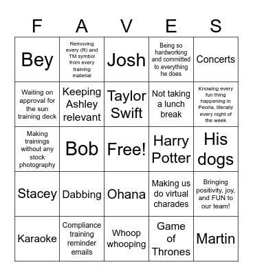 Robert's Favorite Things Bingo Card