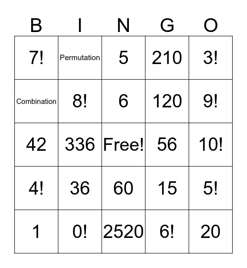 Permutation and Combination Bingo Card