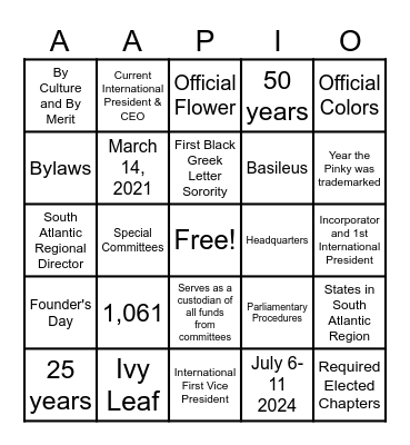 Alpha Kappa Alpha Bingo Card