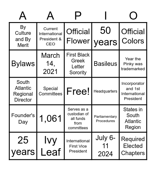 Alpha Kappa Alpha Bingo Card
